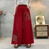 Summer thin embroidered pants with a national trend, large-sized elastic and tight-waisted trousers with a national style, wide-leg embroidered pants, and Chinese-style embroidered culottes details Picture